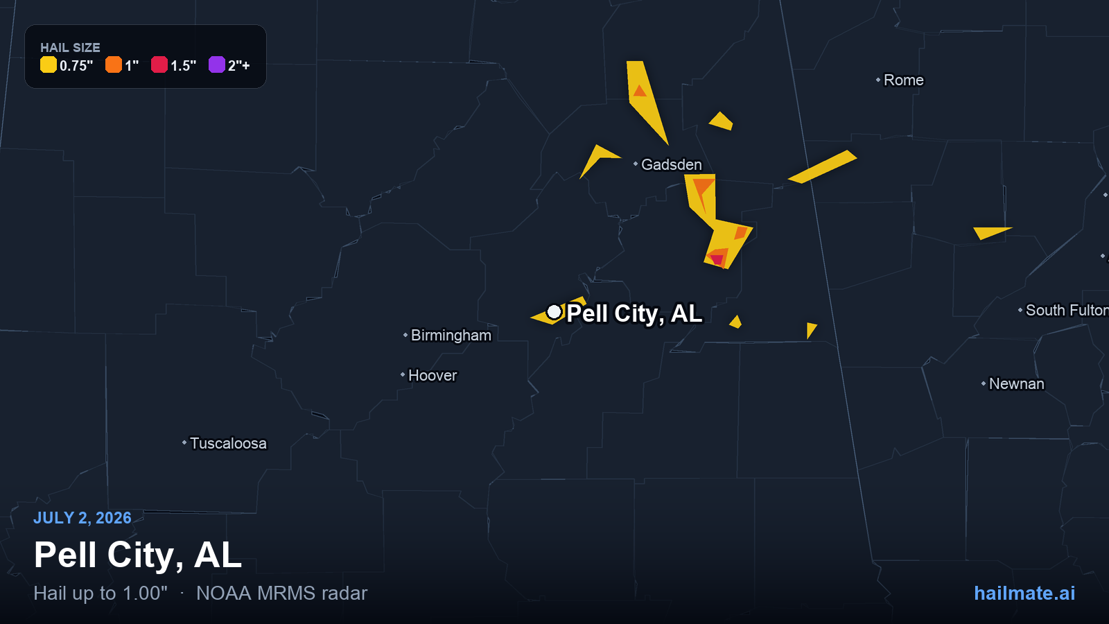 Hail swath map for Pell City, AL on July 2, 2026 showing 1.00 inch hail.