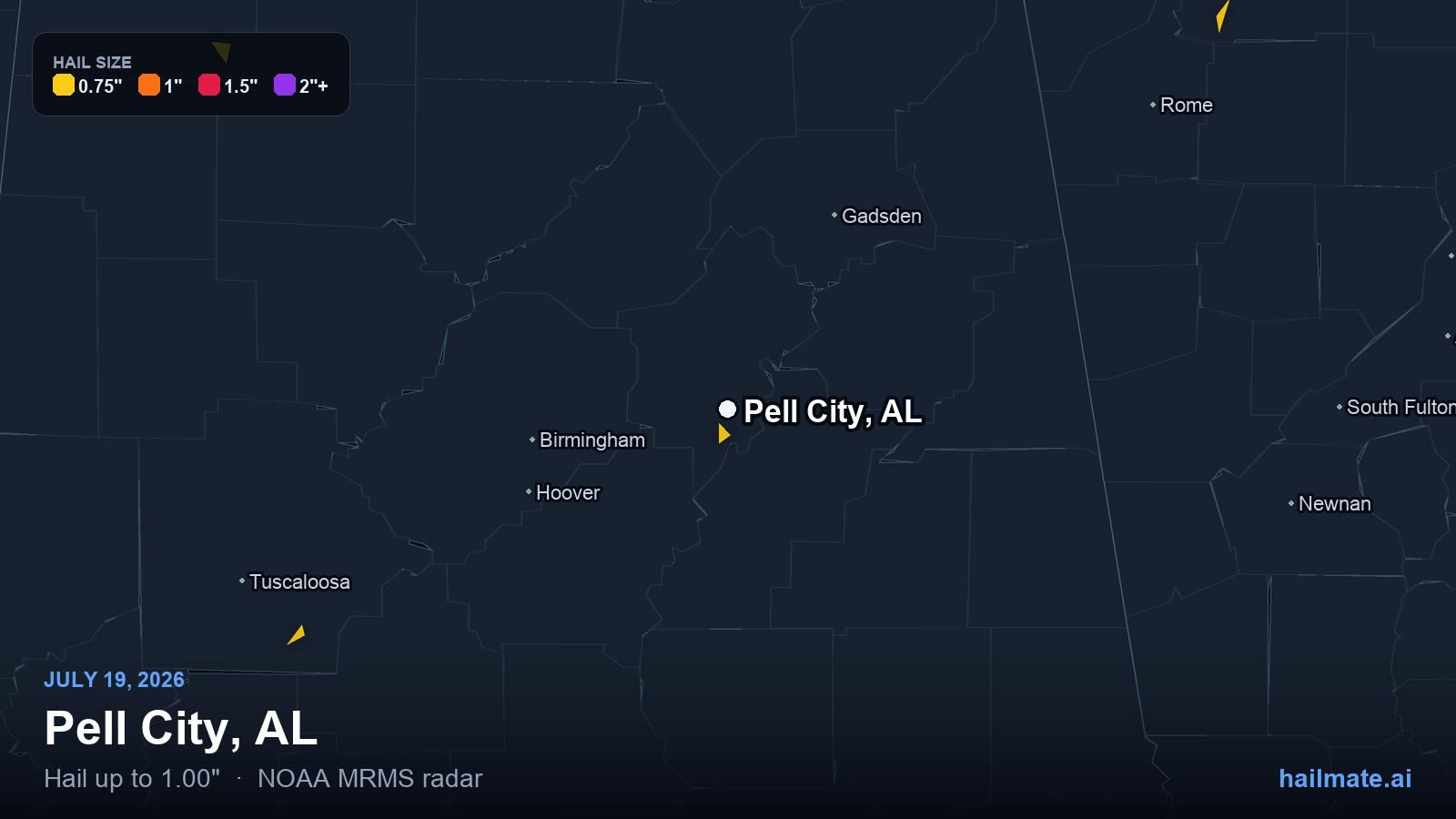 Hail swath map for Pell City, AL on July 19, 2026 showing 1.00 inch hail.