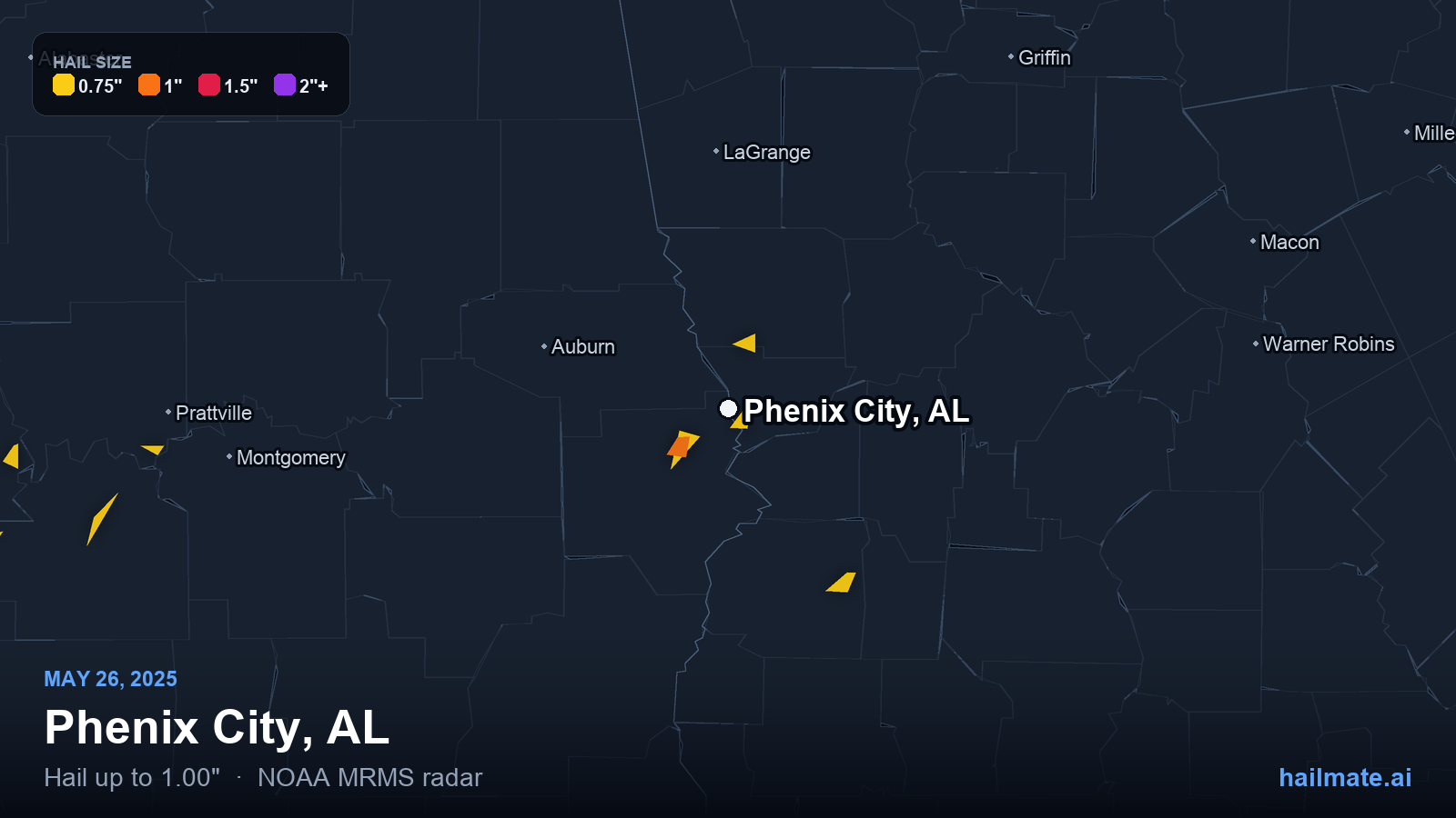 Hail swath map for Phenix City, AL on May 26, 2025 showing 1.00 inch hail.