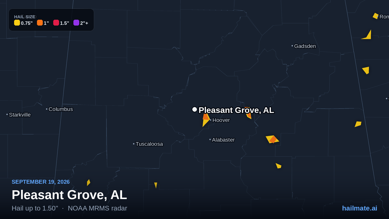 Hail swath map for Pleasant Grove, AL on September 19, 2026 showing 1.50 inch hail.