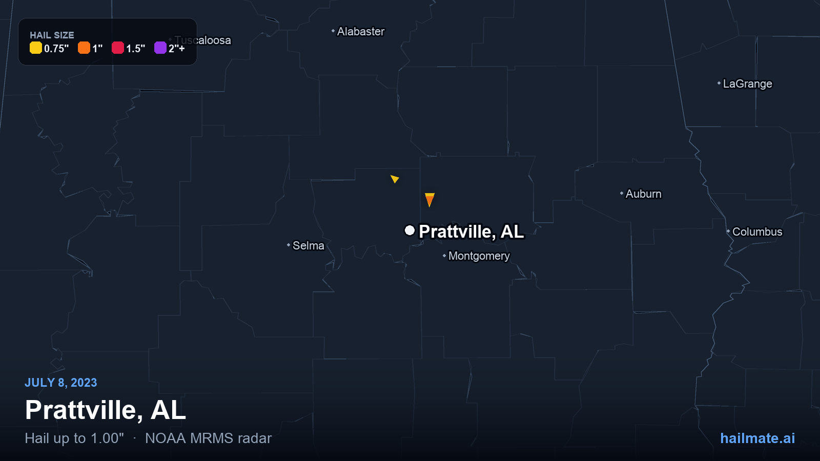 Hail swath map for Prattville, AL on July 8, 2023 showing 1.00 inch hail.