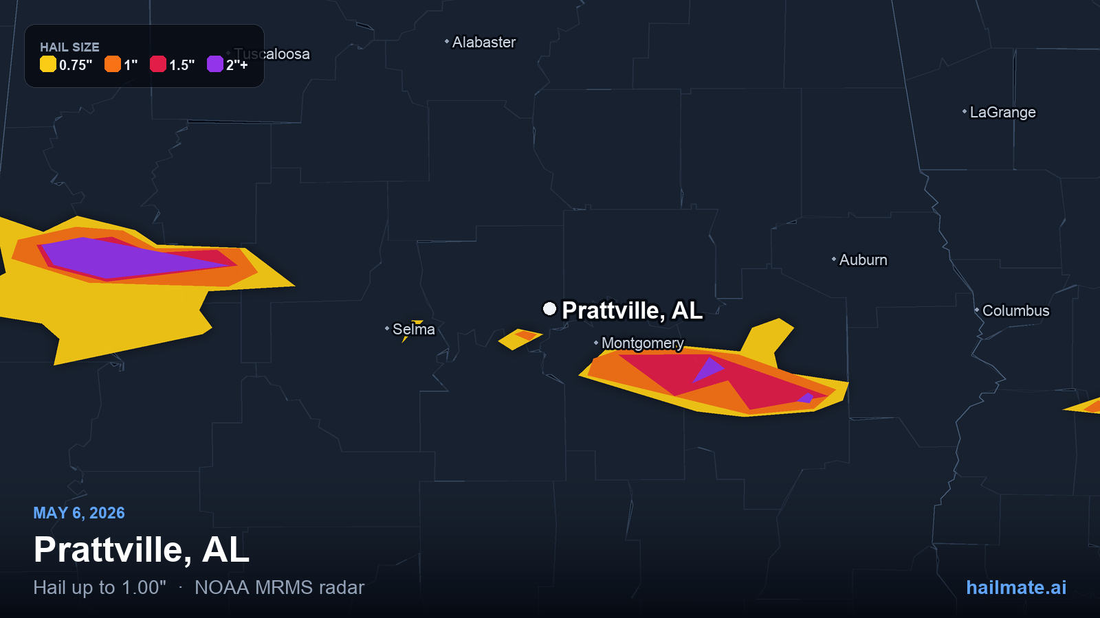 Hail swath map for Prattville, AL on May 6, 2026 showing 1.00 inch hail.