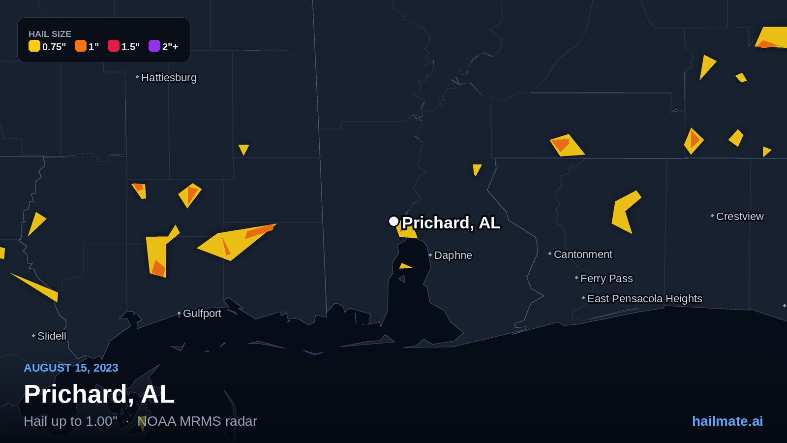 Hail swath map for Prichard, AL on August 15, 2023 showing 1.00 inch hail.