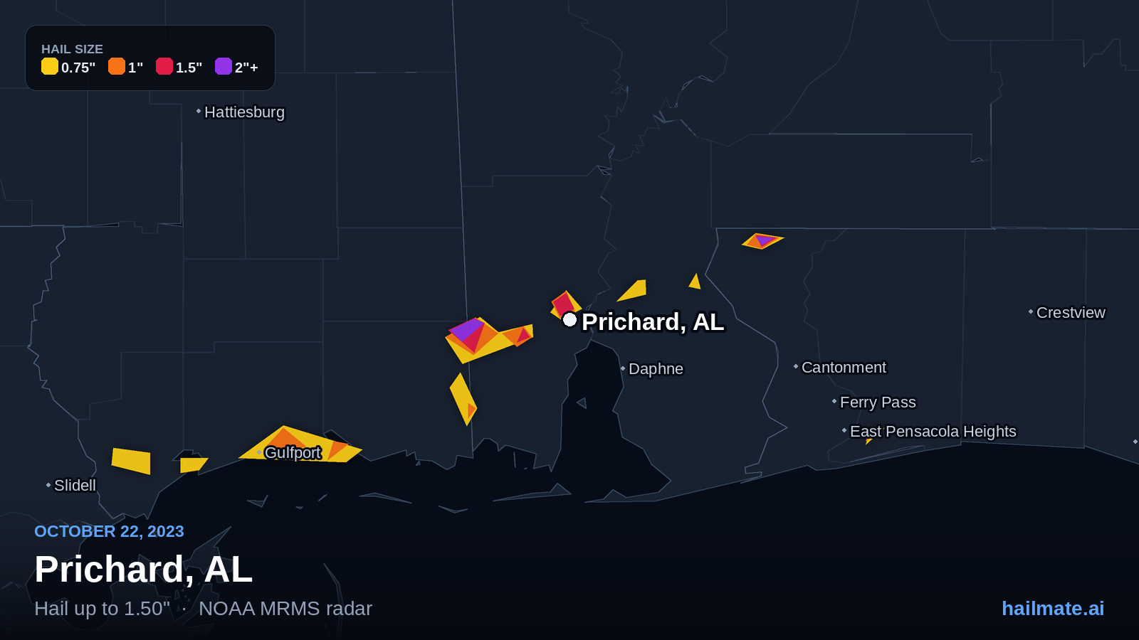 Hail swath map for Prichard, AL on October 22, 2023 showing 1.50 inch hail.