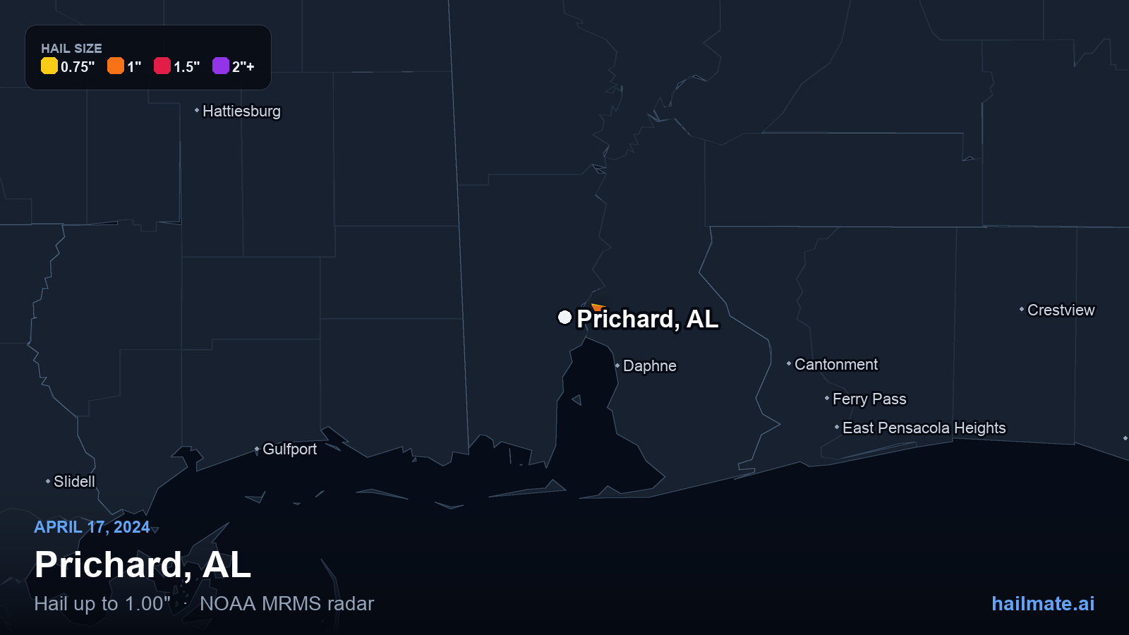 Hail swath map for Prichard, AL on April 17, 2024 showing 1.00 inch hail.