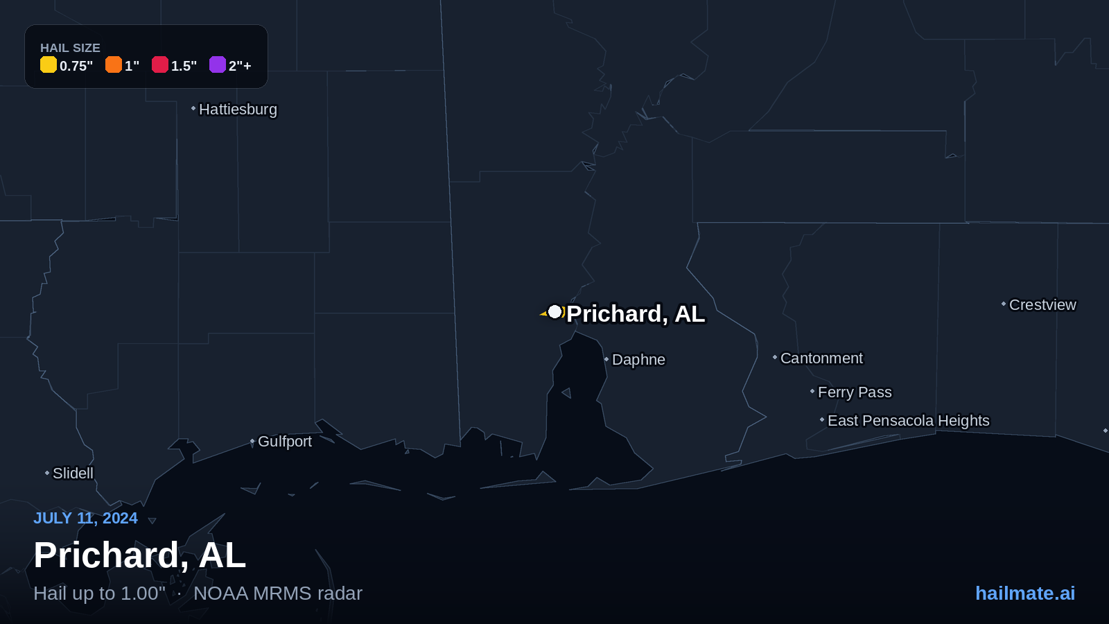 Hail swath map for Prichard, AL on July 11, 2024 showing 1.00 inch hail.