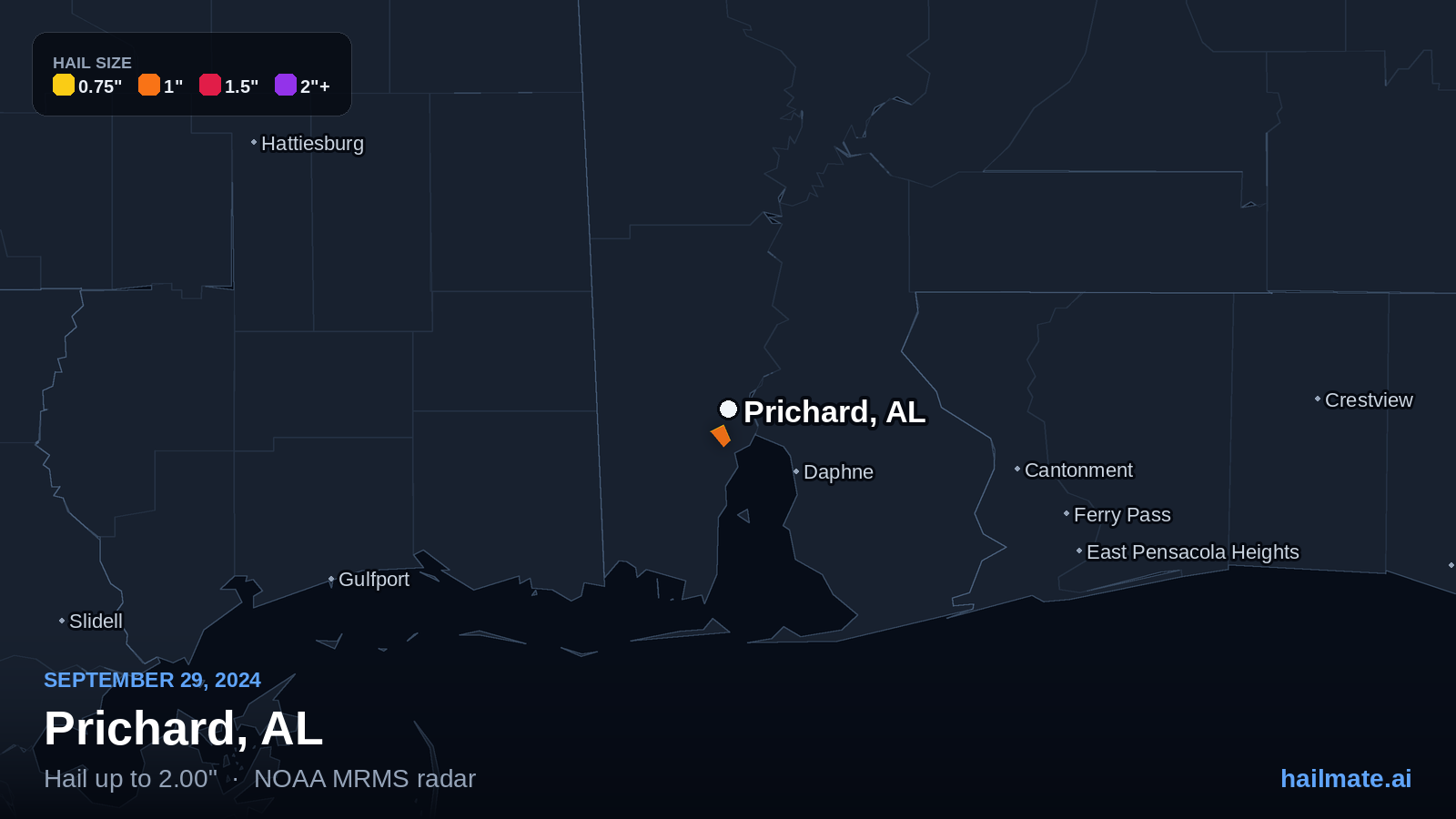 Hail swath map for Prichard, AL on September 29, 2024 showing 2.00 inch hail.