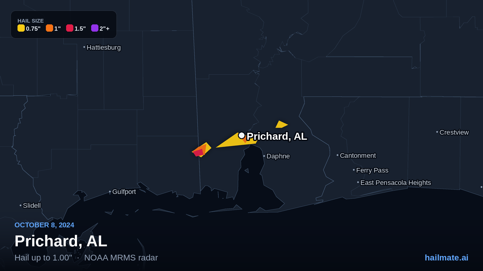 Hail swath map for Prichard, AL on October 8, 2024 showing 1.00 inch hail.