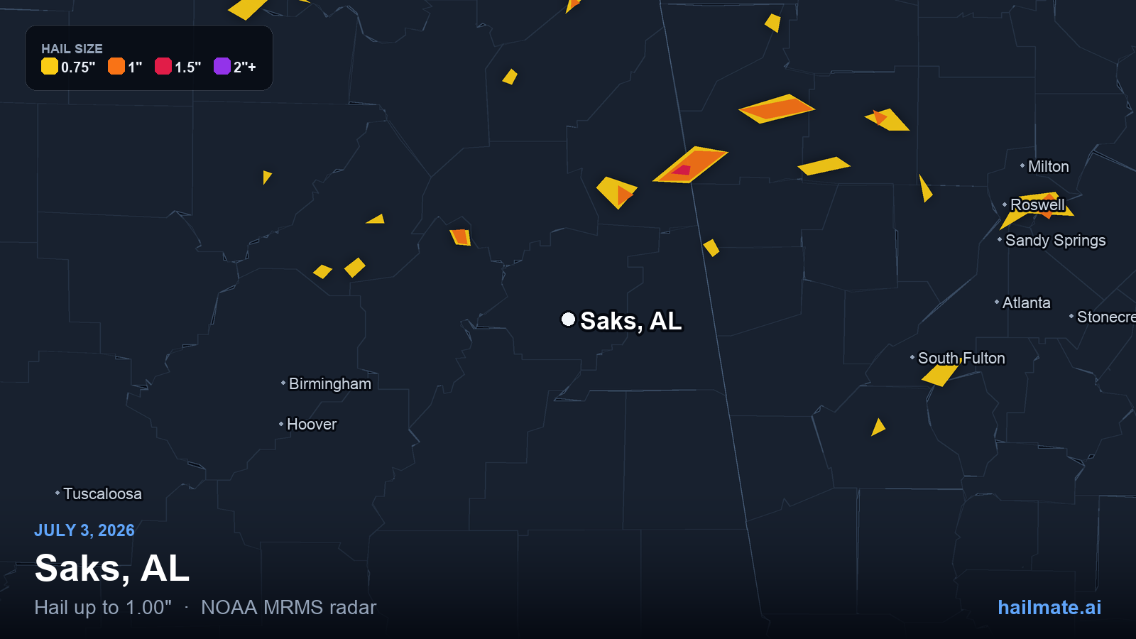 Hail swath map for Saks, AL on July 3, 2026 showing 1.00 inch hail.