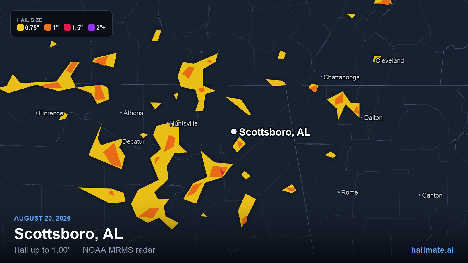 Hail swath map for Scottsboro, AL on August 20, 2026 showing 1.00 inch hail.