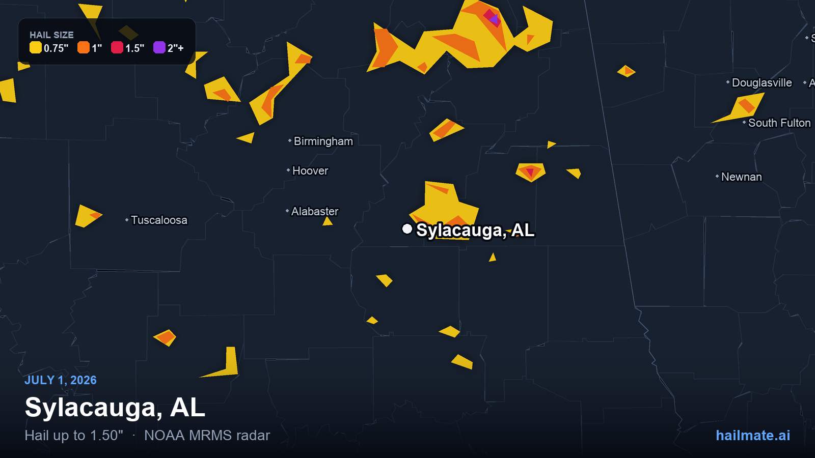Hail swath map for Sylacauga, AL on July 1, 2026 showing 1.50 inch hail.