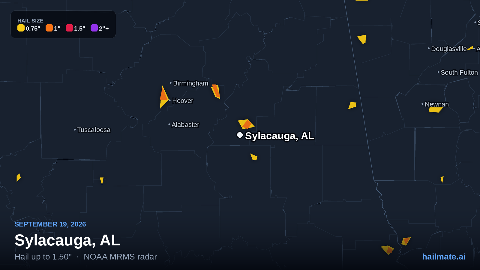 Hail swath map for Sylacauga, AL on September 19, 2026 showing 1.50 inch hail.