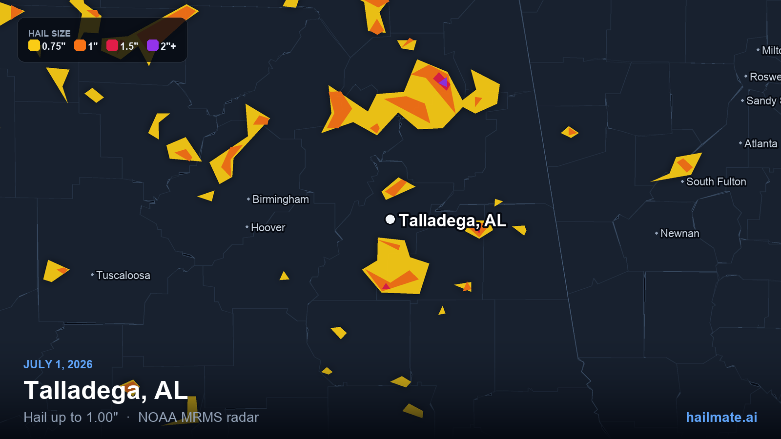 Hail swath map for Talladega, AL on July 1, 2026 showing 1.00 inch hail.