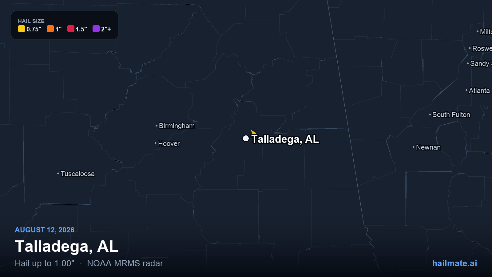 Hail swath map for Talladega, AL on August 12, 2026 showing 1.00 inch hail.