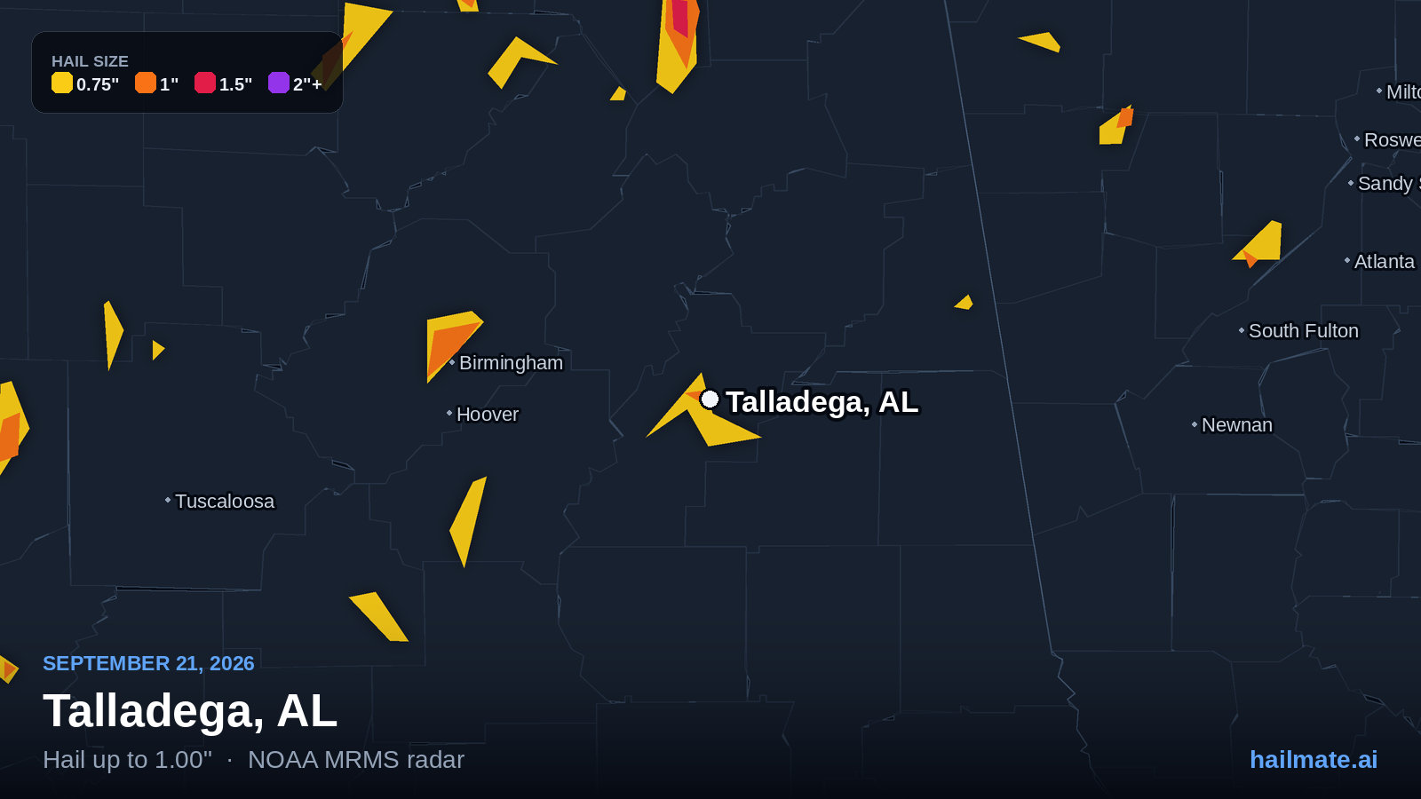 Hail swath map for Talladega, AL on September 21, 2026 showing 1.00 inch hail.