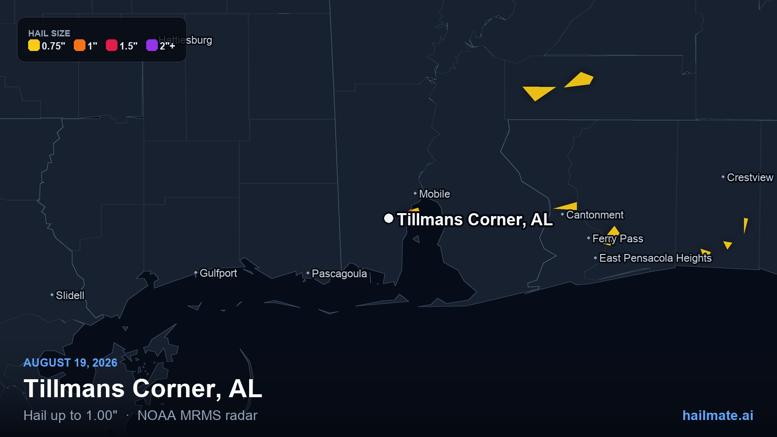 Hail swath map for Tillmans Corner, AL on August 19, 2026 showing 1.00 inch hail.