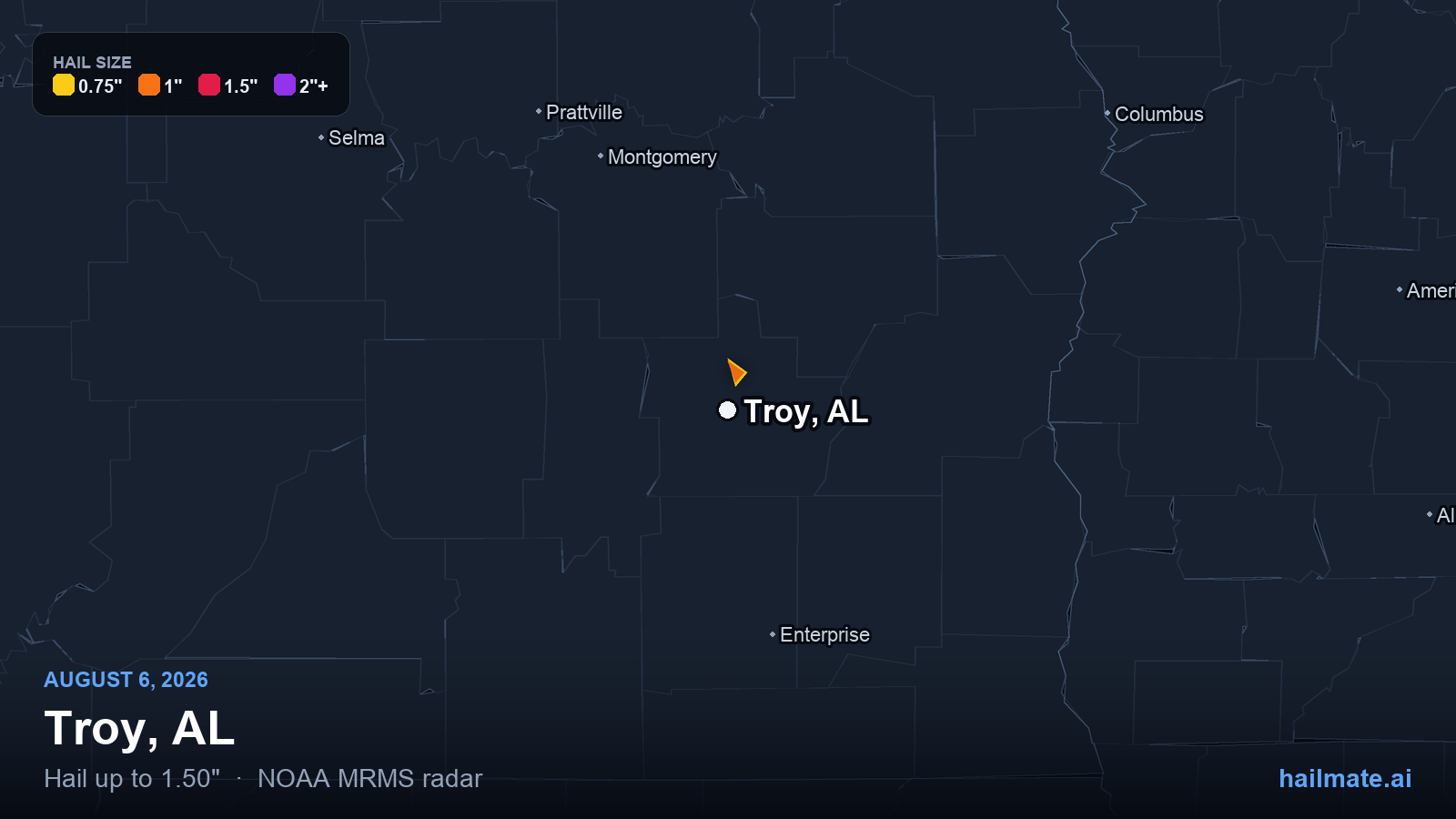 Hail swath map for Troy, AL on August 6, 2026 showing 1.50 inch hail.