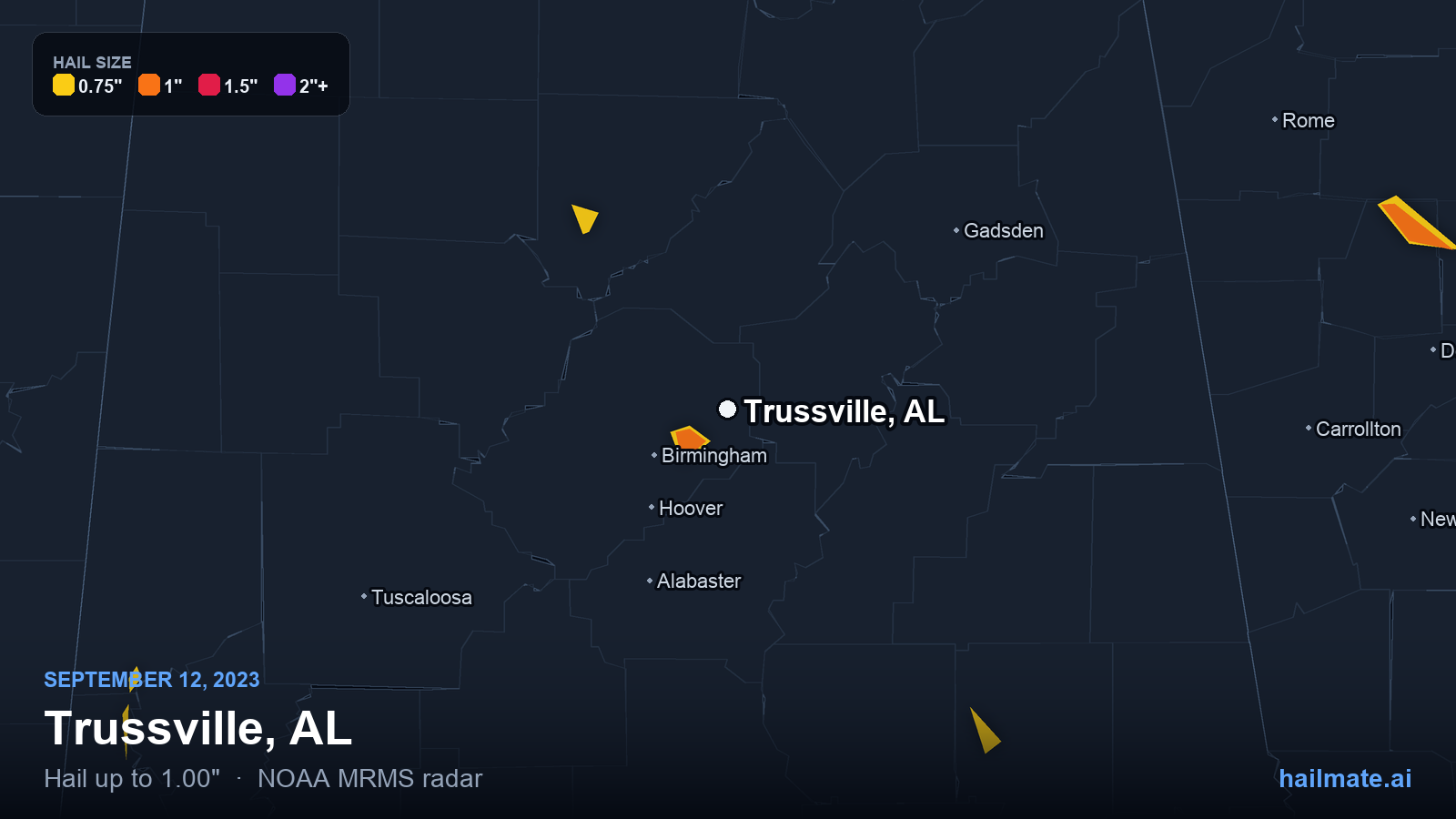 Hail swath map for Trussville, AL on September 12, 2023 showing 1.00 inch hail.