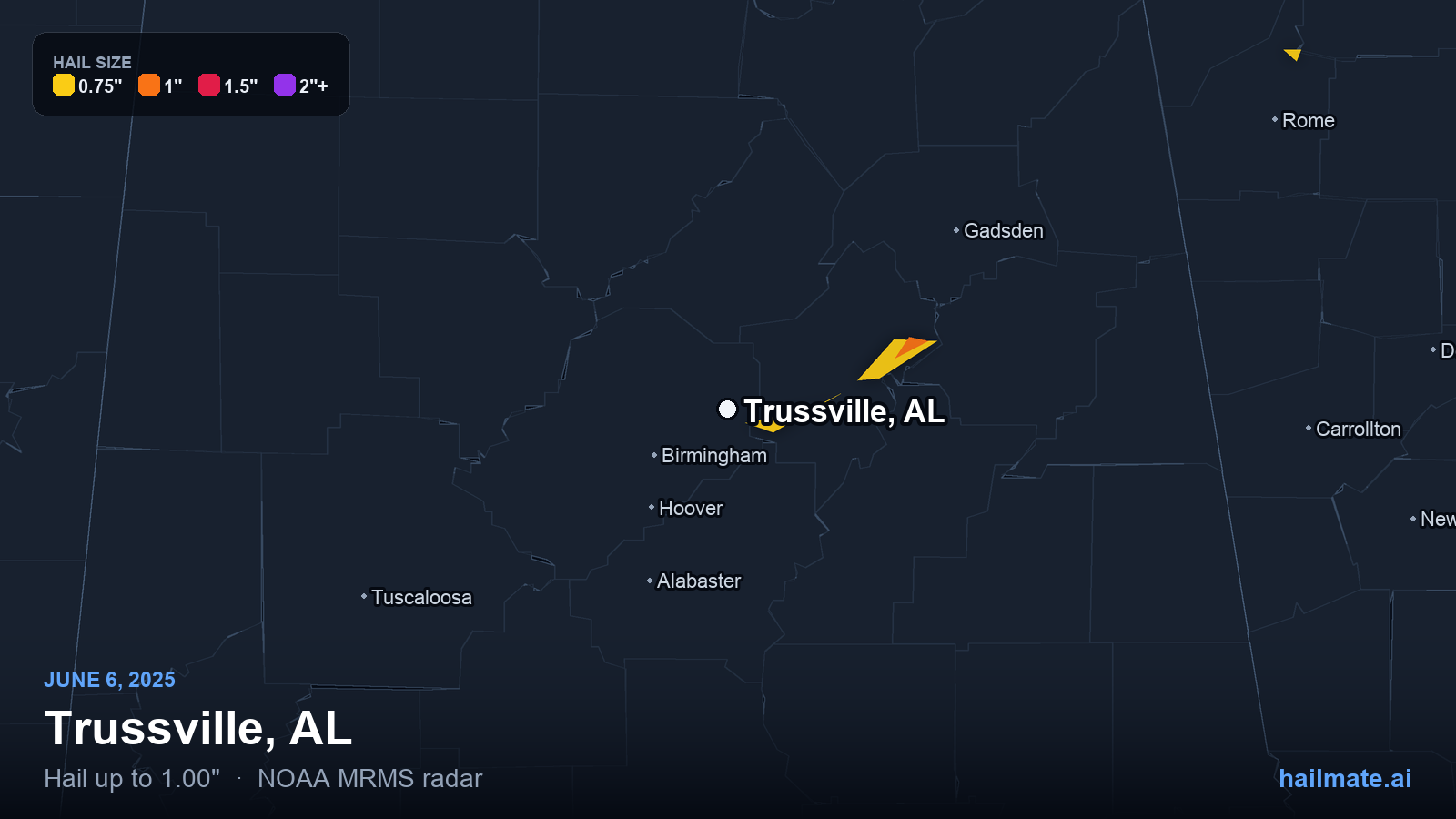 Hail swath map for Trussville, AL on June 6, 2025 showing 1.00 inch hail.