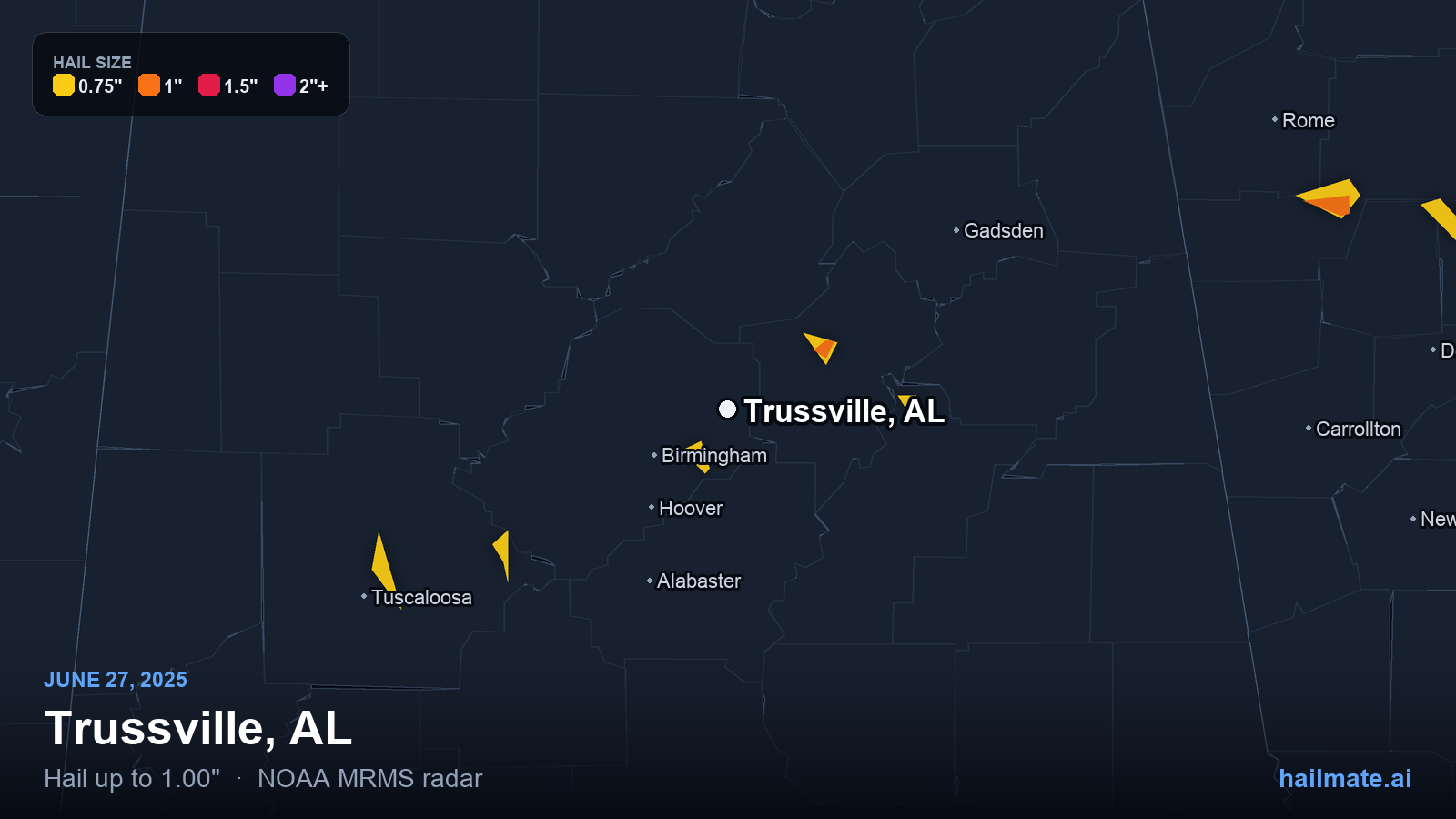 Hail swath map for Trussville, AL on June 27, 2025 showing 1.00 inch hail.