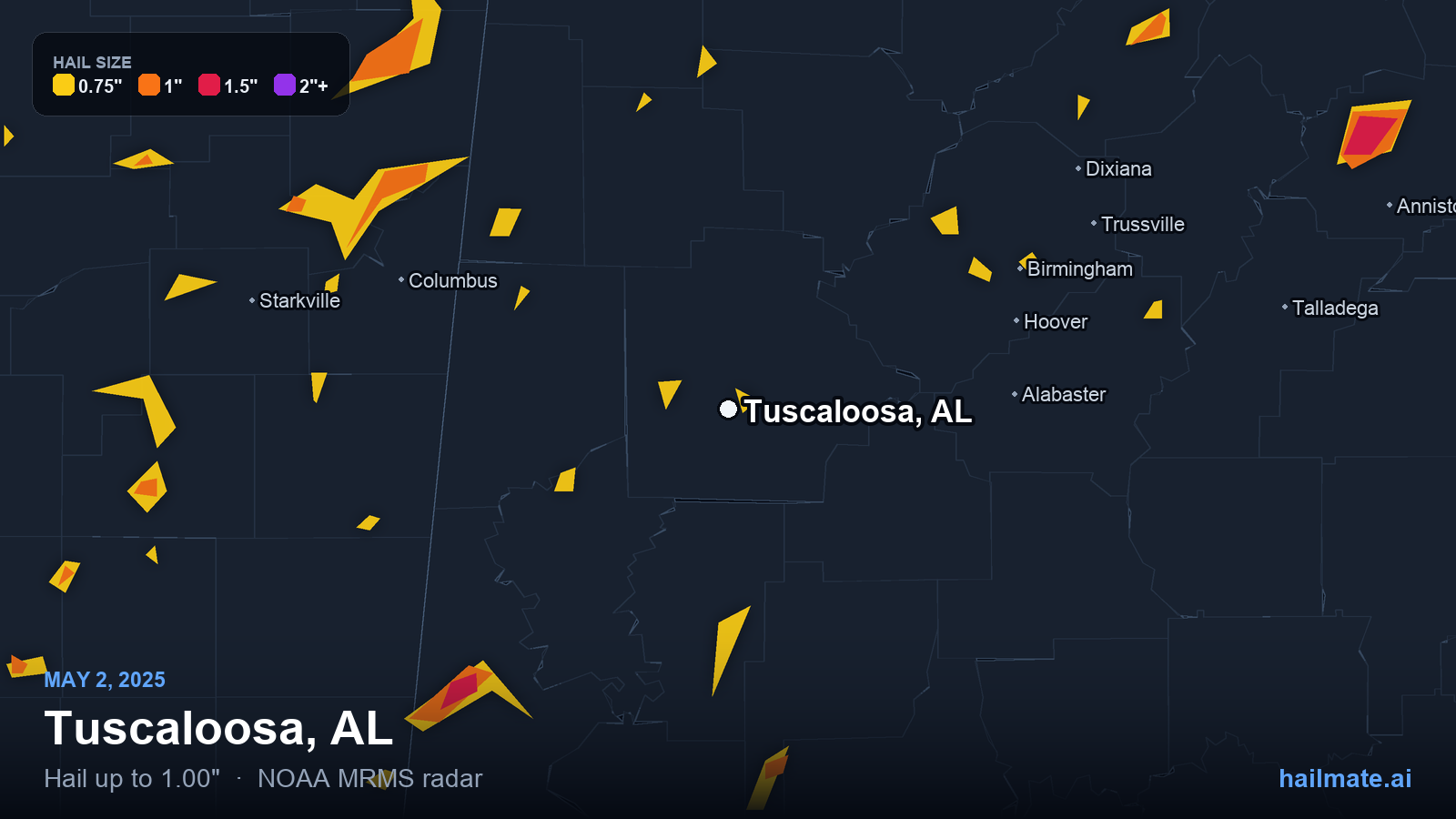 Hail swath map for Tuscaloosa, AL on May 2, 2025 showing 1.00 inch hail.