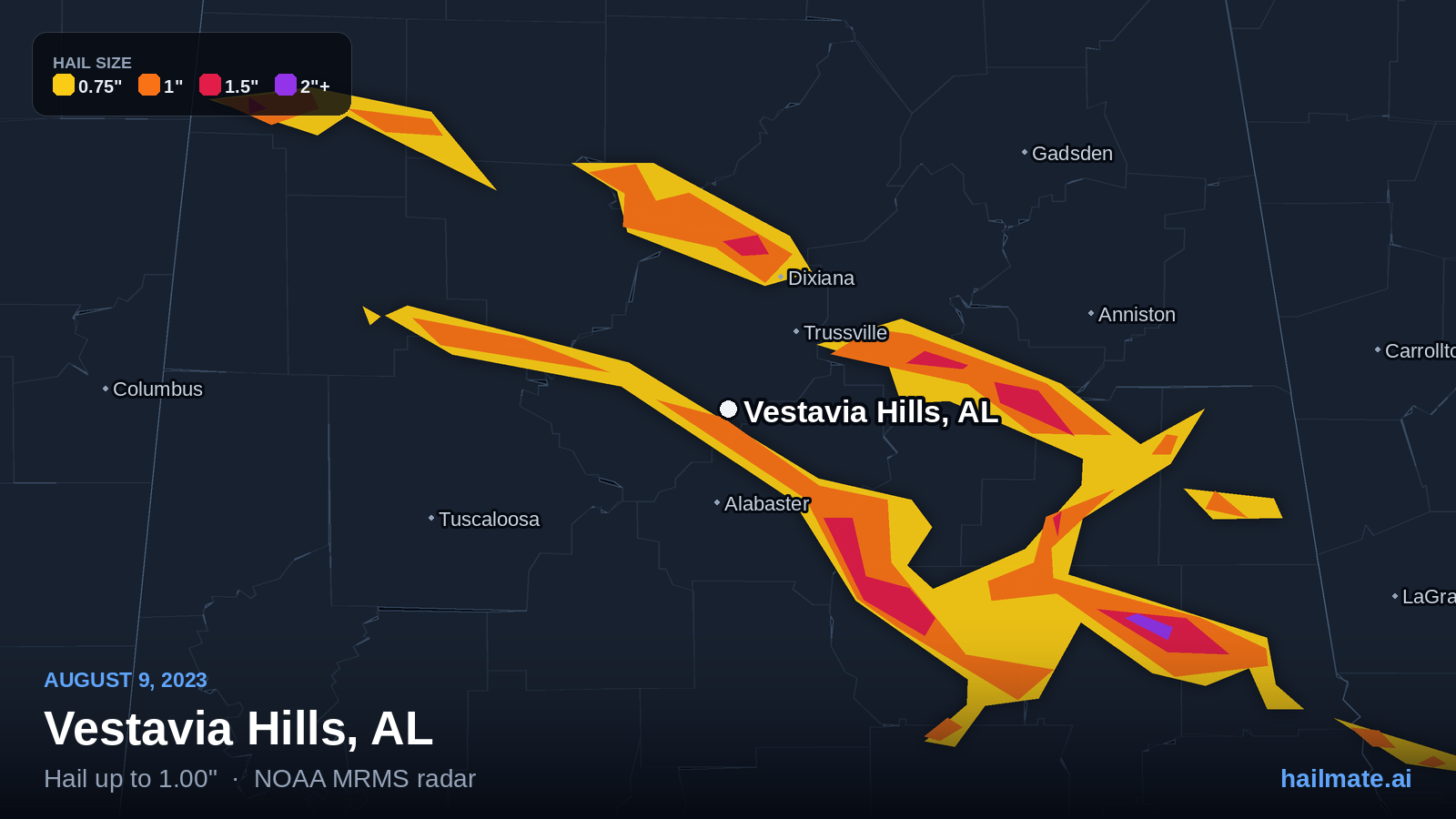 Hail swath map for Vestavia Hills, AL on August 9, 2023 showing 1.00 inch hail.