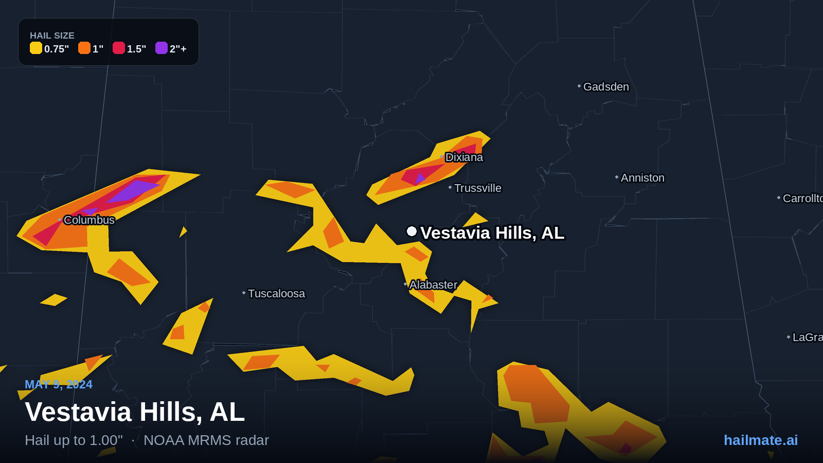Hail swath map for Vestavia Hills, AL on May 9, 2024 showing 1.00 inch hail.
