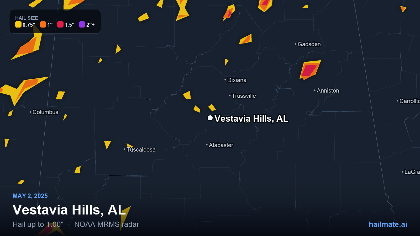 Hail swath map for Vestavia Hills, AL on May 2, 2025 showing 1.00 inch hail.