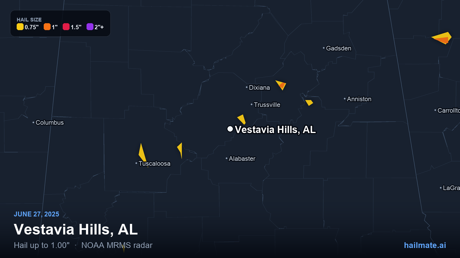 Hail swath map for Vestavia Hills, AL on June 27, 2025 showing 1.00 inch hail.