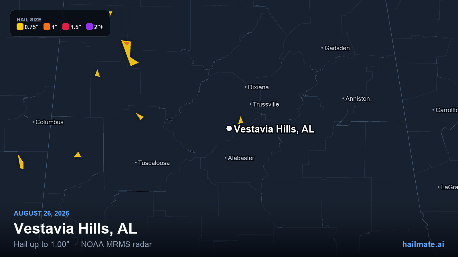 Hail swath map for Vestavia Hills, AL on August 26, 2026 showing 1.00 inch hail.