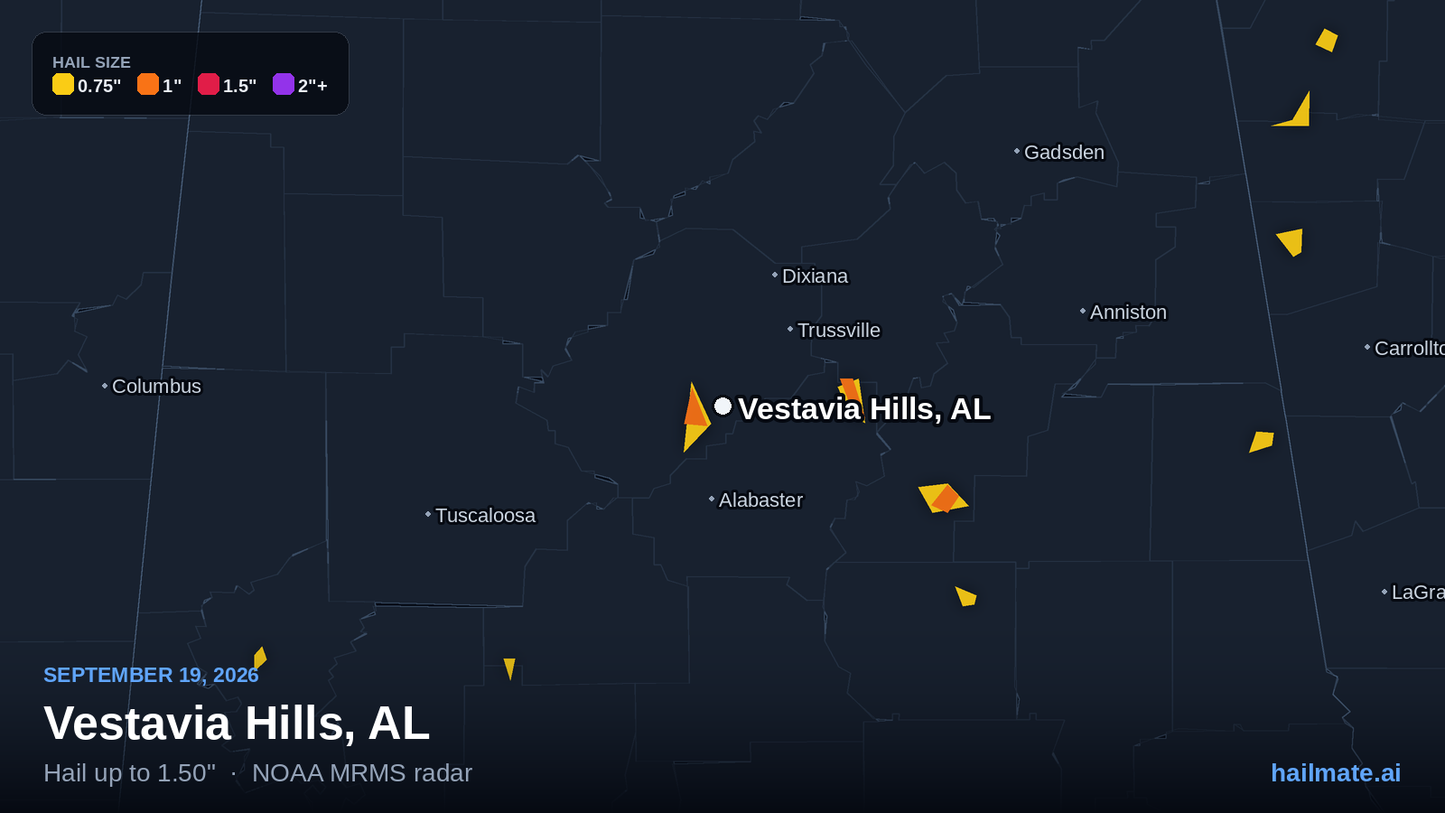 Hail swath map for Vestavia Hills, AL on September 19, 2026 showing 1.50 inch hail.