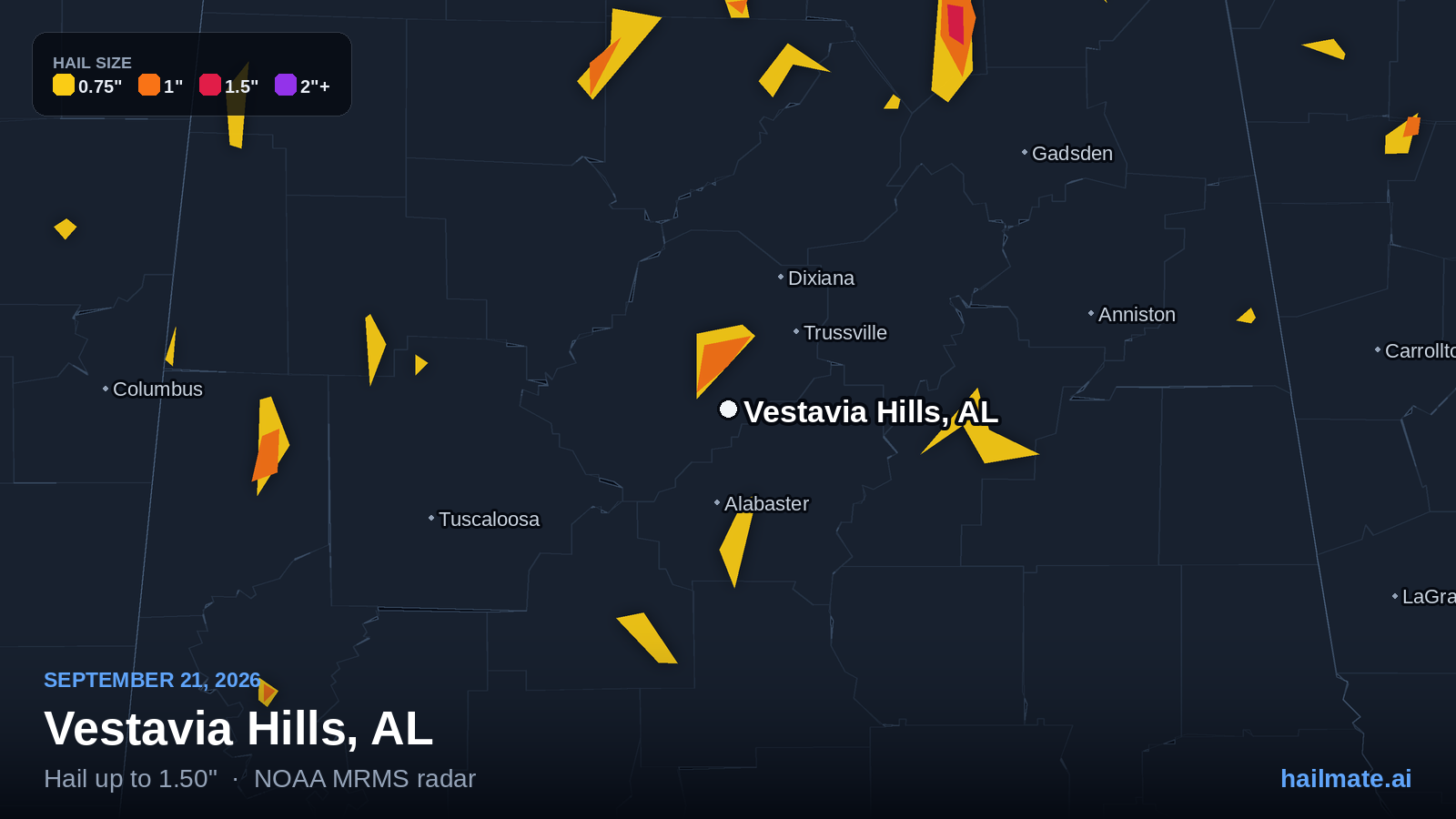 Hail swath map for Vestavia Hills, AL on September 21, 2026 showing 1.50 inch hail.
