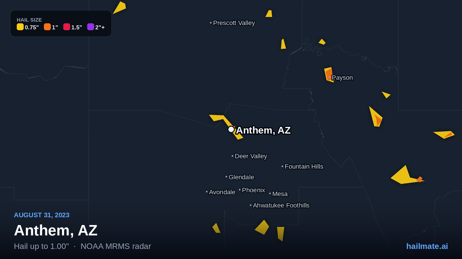 Hail swath map for Anthem, AZ on August 31, 2023 showing 1.00 inch hail.