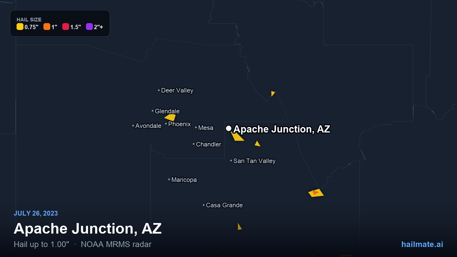 Hail swath map for Apache Junction, AZ on July 26, 2023 showing 1.00 inch hail.