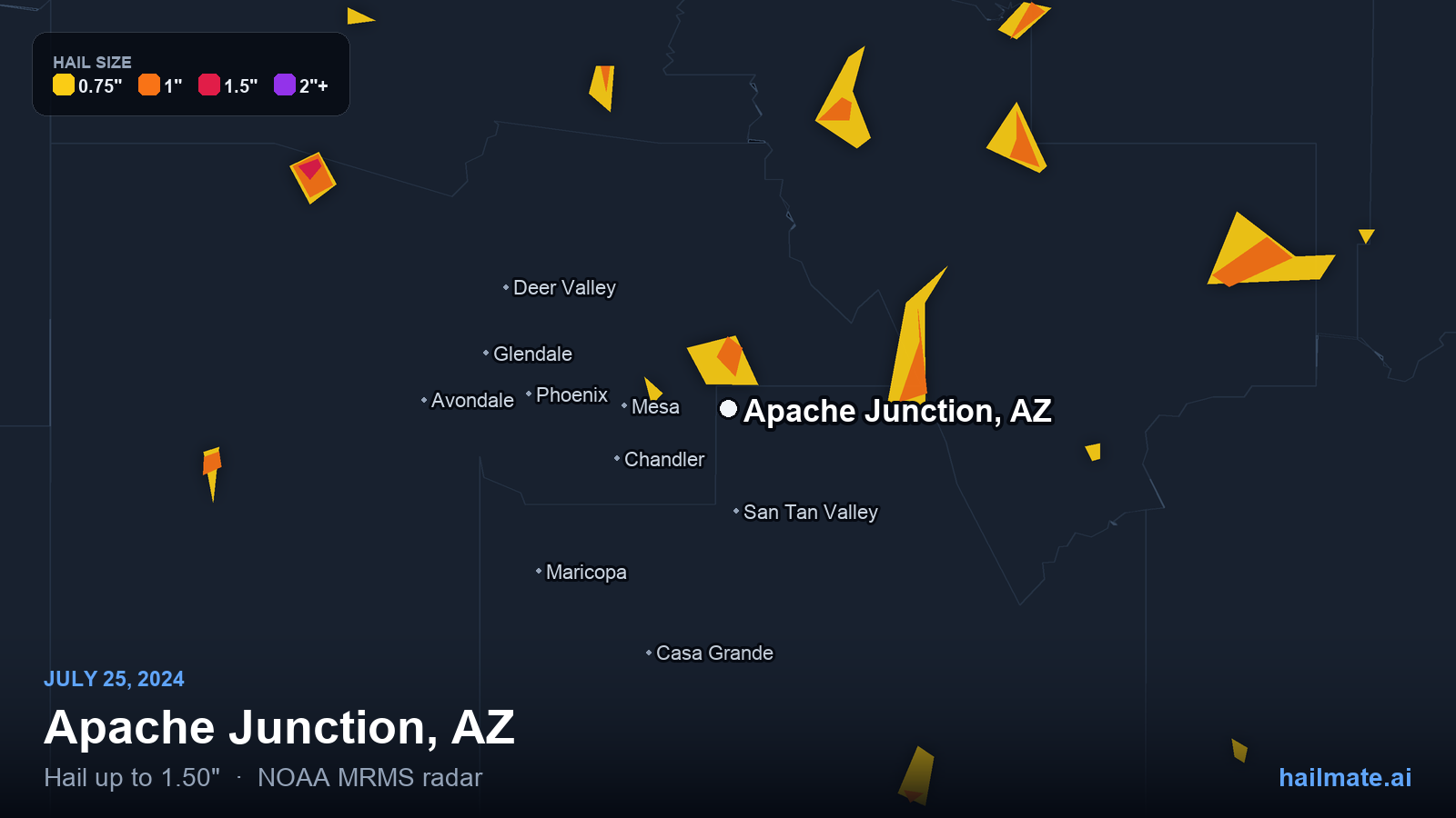Hail swath map for Apache Junction, AZ on July 25, 2024 showing 1.50 inch hail.