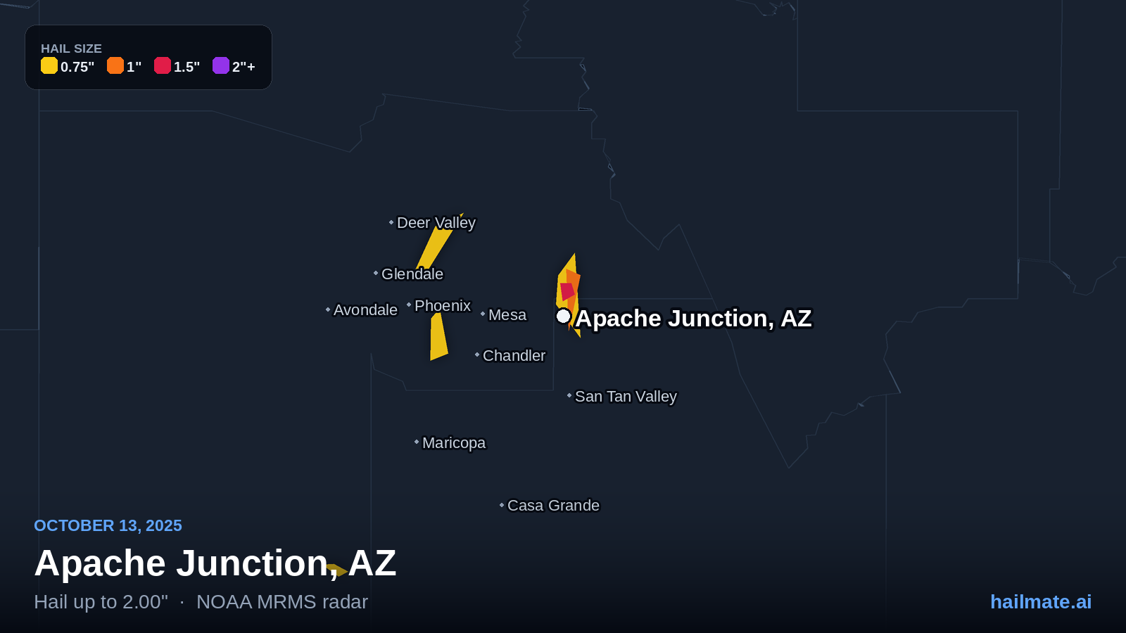 Hail swath map for Apache Junction, AZ on October 13, 2025 showing 2.00 inch hail.