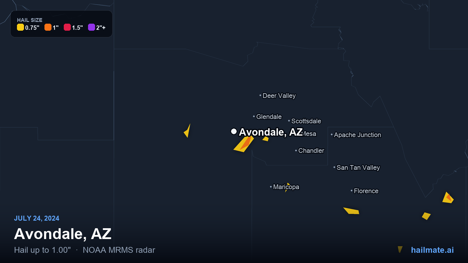 Hail swath map for Avondale, AZ on July 24, 2024 showing 1.00 inch hail.