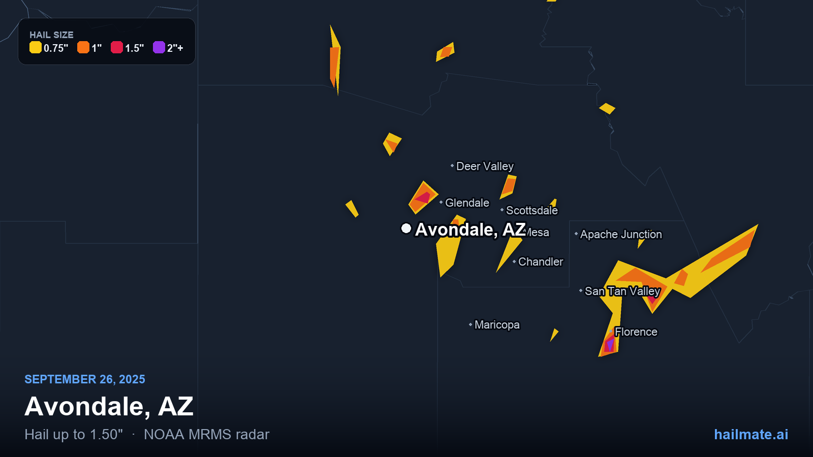 Hail swath map for Avondale, AZ on September 26, 2025 showing 1.50 inch hail.