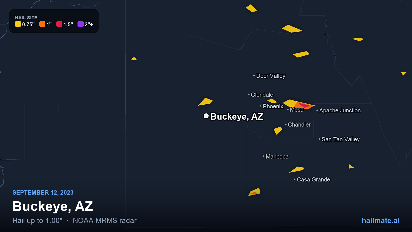 Hail swath map for Buckeye, AZ on September 12, 2023 showing 1.00 inch hail.