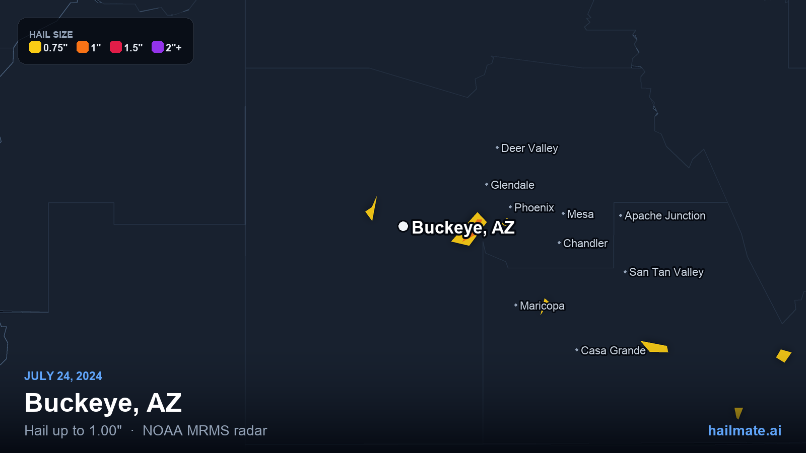 Hail swath map for Buckeye, AZ on July 24, 2024 showing 1.00 inch hail.