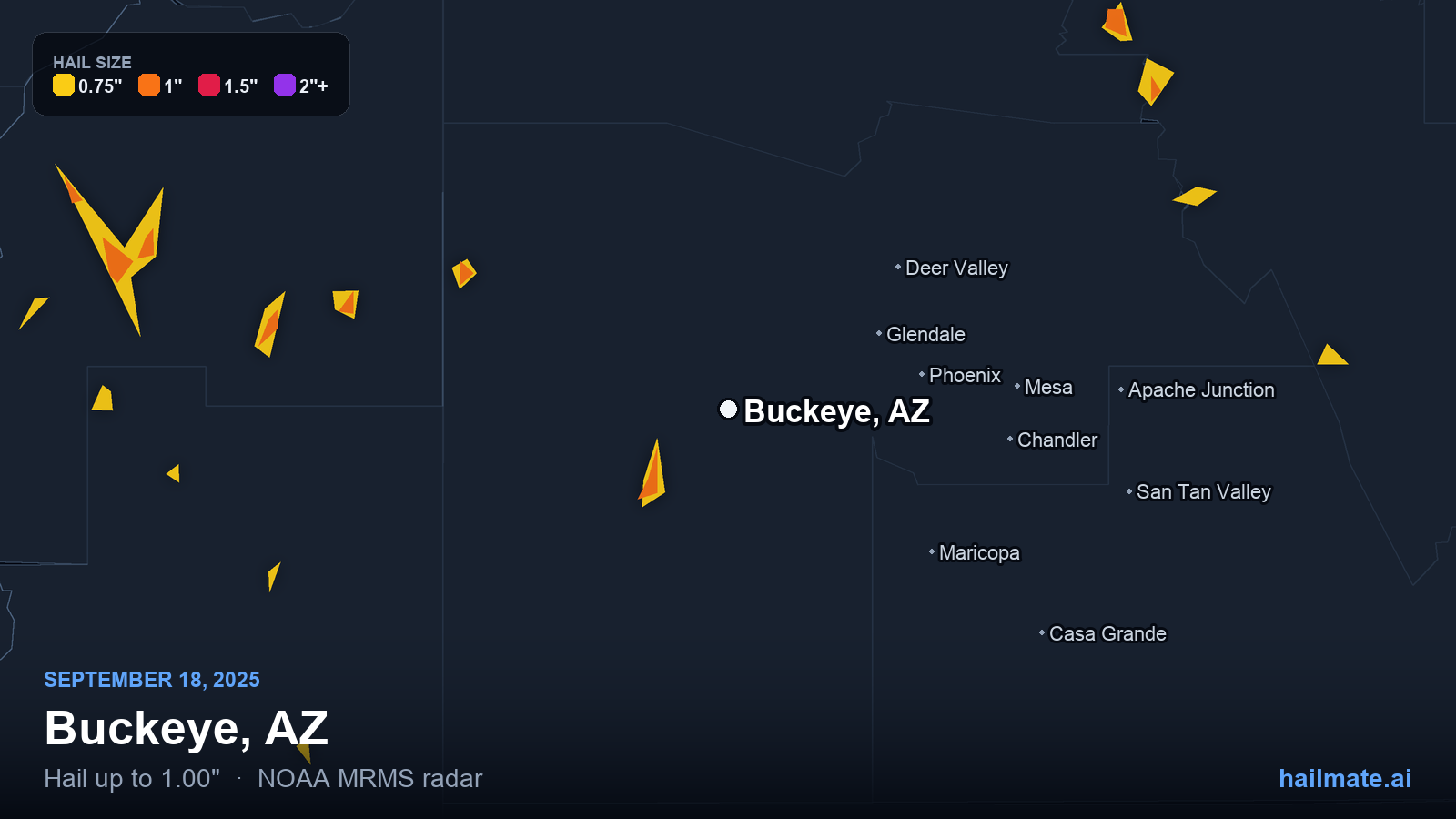 Hail swath map for Buckeye, AZ on September 18, 2025 showing 1.00 inch hail.