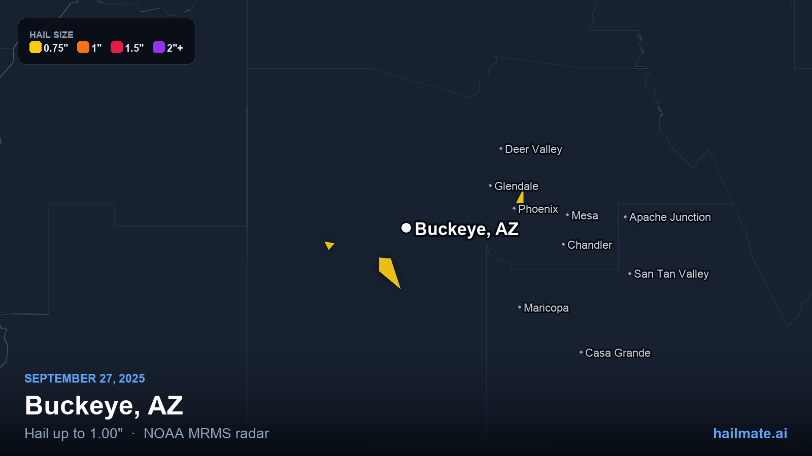Hail swath map for Buckeye, AZ on September 27, 2025 showing 1.00 inch hail.