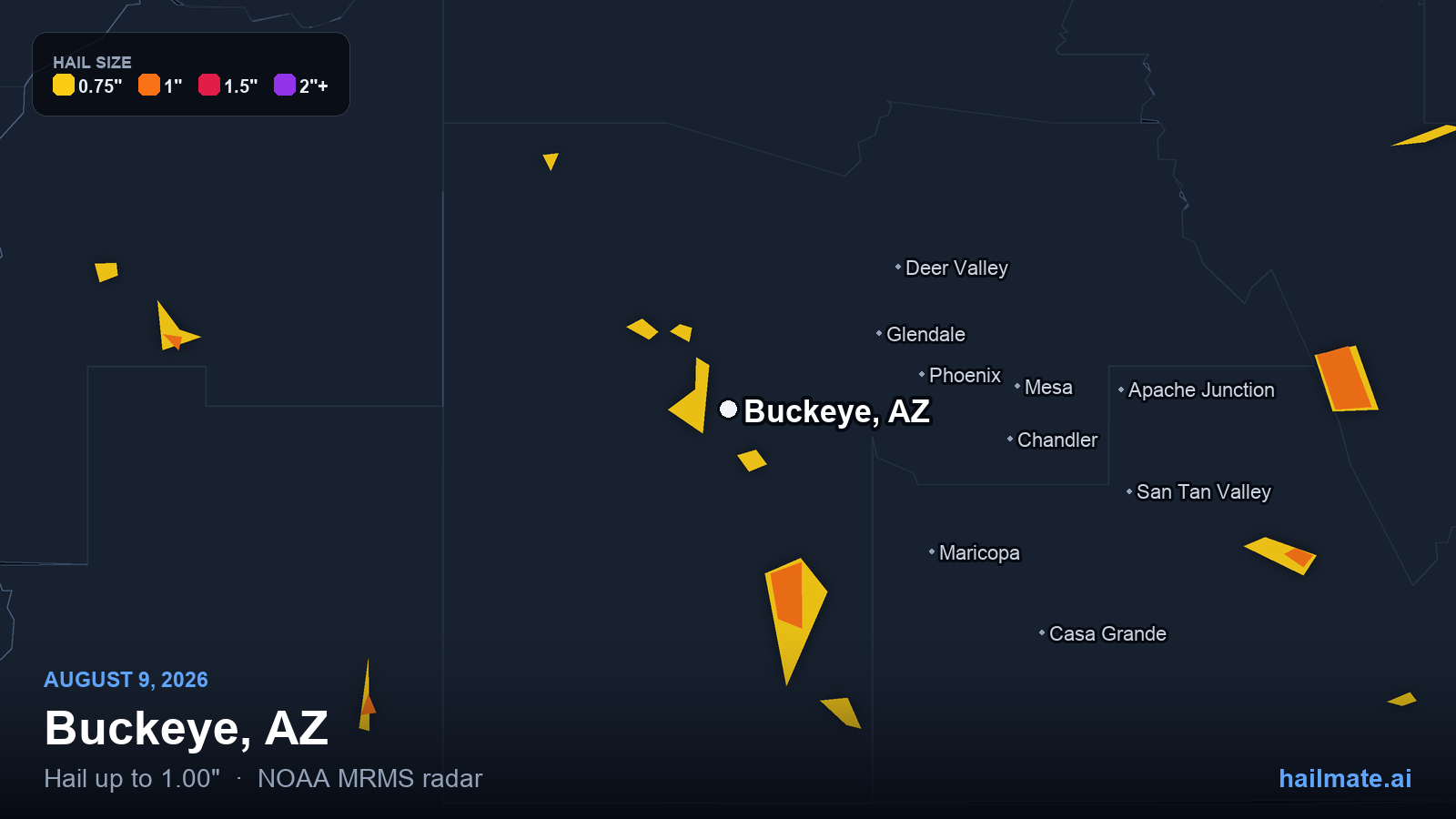 Hail swath map for Buckeye, AZ on August 9, 2026 showing 1.00 inch hail.