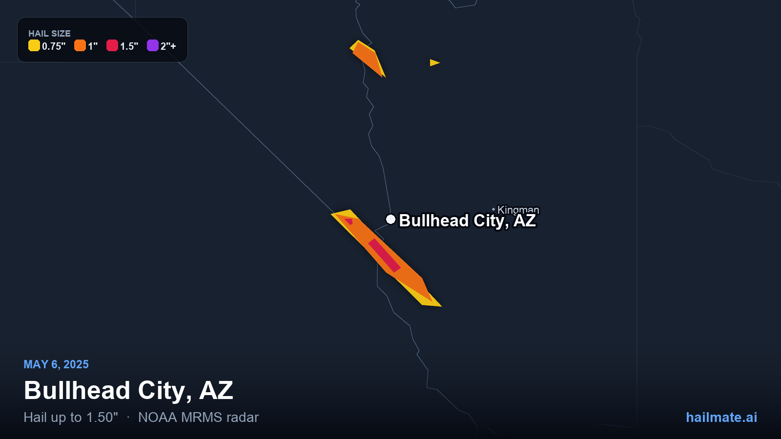 Hail swath map for Bullhead City, AZ on May 6, 2025 showing 1.50 inch hail.