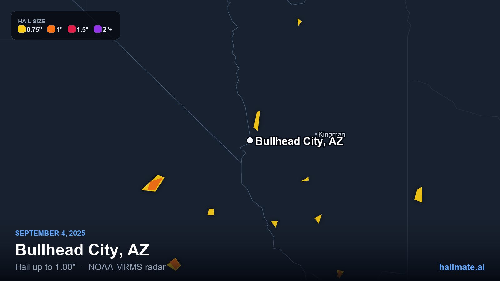 Hail swath map for Bullhead City, AZ on September 4, 2025 showing 1.00 inch hail.