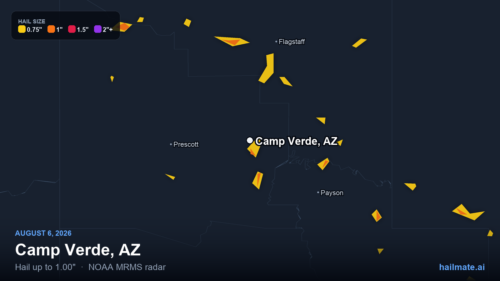 Hail swath map for Camp Verde, AZ on August 6, 2026 showing 1.00 inch hail.