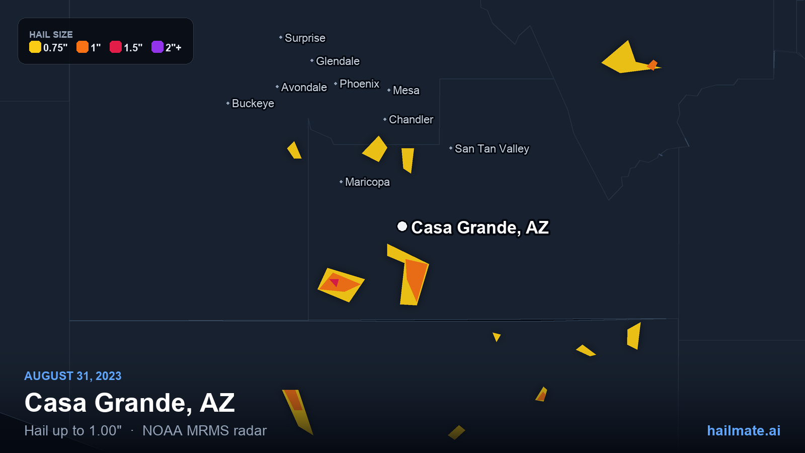 Hail swath map for Casa Grande, AZ on August 31, 2023 showing 1.00 inch hail.