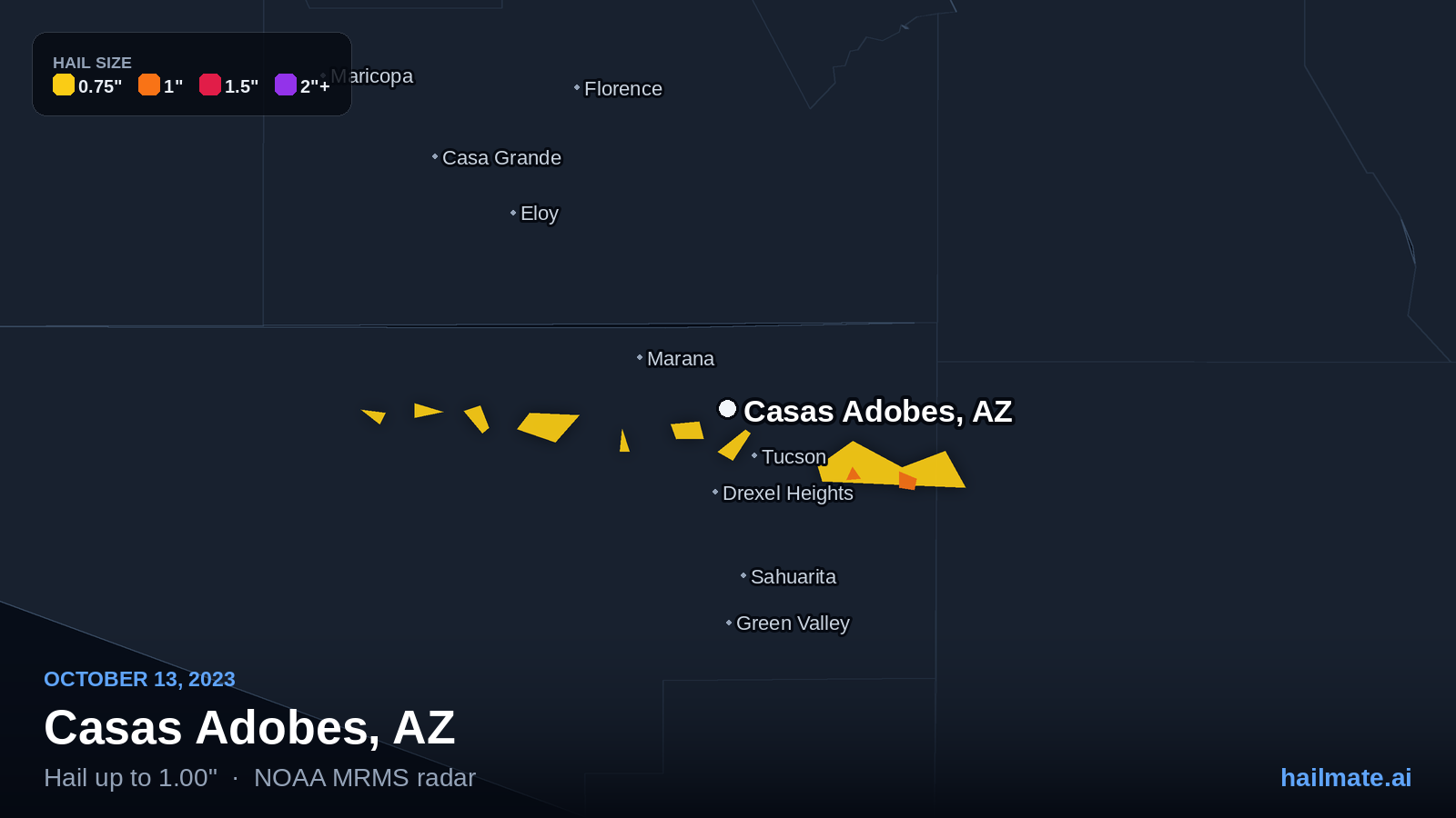 Hail swath map for Casas Adobes, AZ on October 13, 2023 showing 1.00 inch hail.