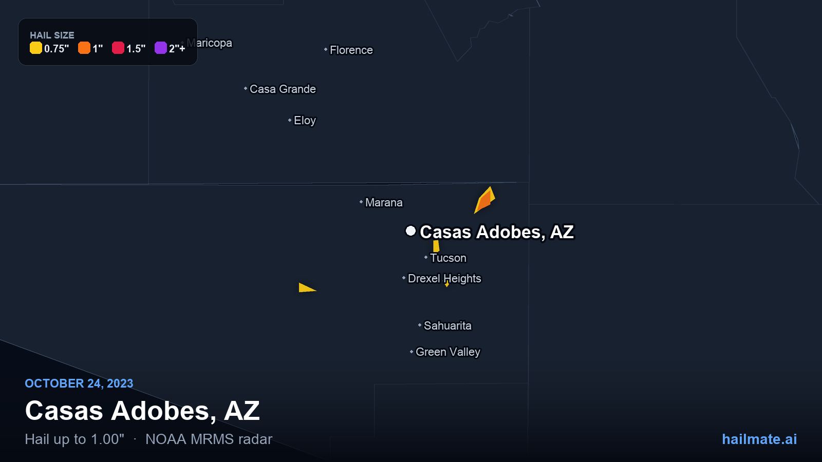 Hail swath map for Casas Adobes, AZ on October 24, 2023 showing 1.00 inch hail.
