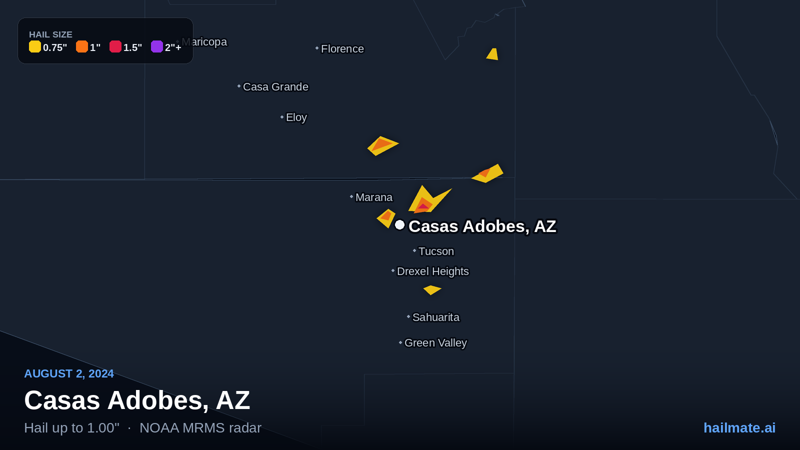 Hail swath map for Casas Adobes, AZ on August 2, 2024 showing 1.00 inch hail.